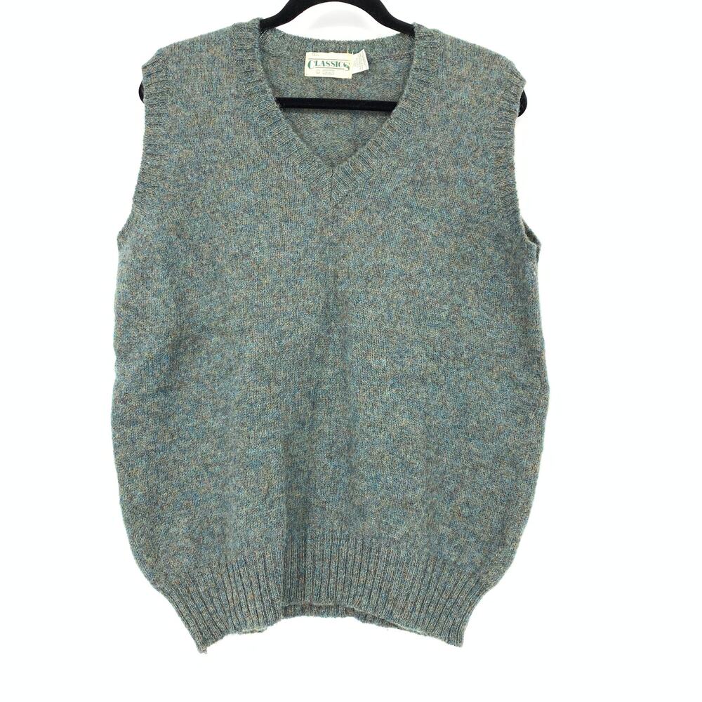 VTG Sears Classics Sweater Vest Mens Sz LT Blue Green Marled Scottish Wool Knit